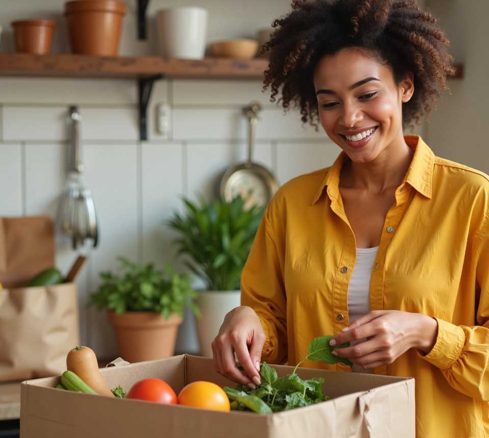 Lady unpacking vegetables in kitchen