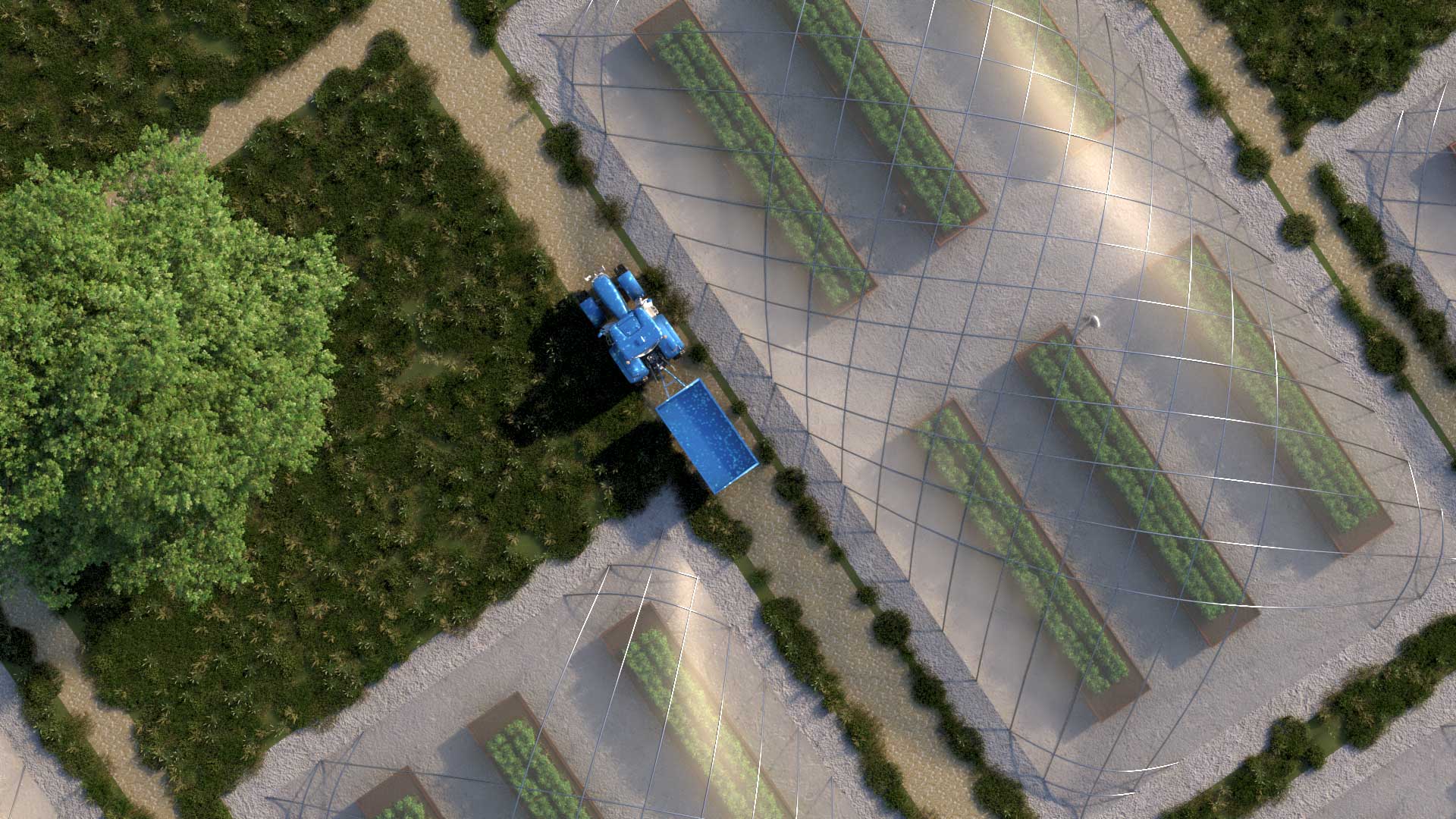 Tractor driving between growing domes