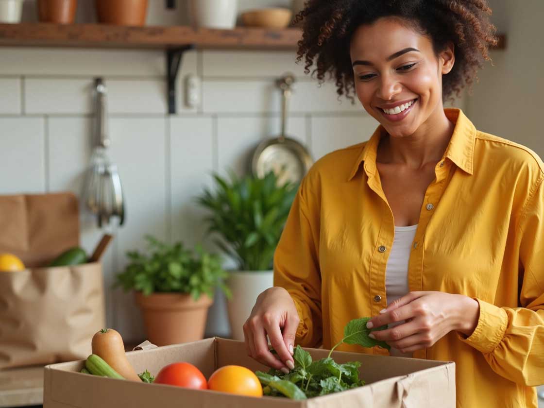 Woman unpacking fruit and vegetables in her kitchen